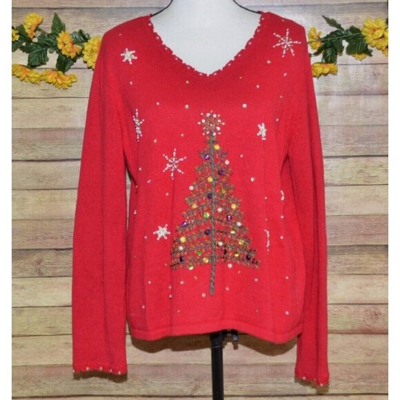 Tiara International Christmas Collection Red Christmas Beaded Sweater Size XL - Picture 1 of 10